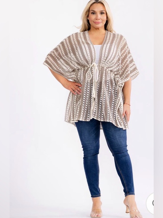 Other - 0246. Boho Tie-Front Crochet Kimono in Cream and Tan